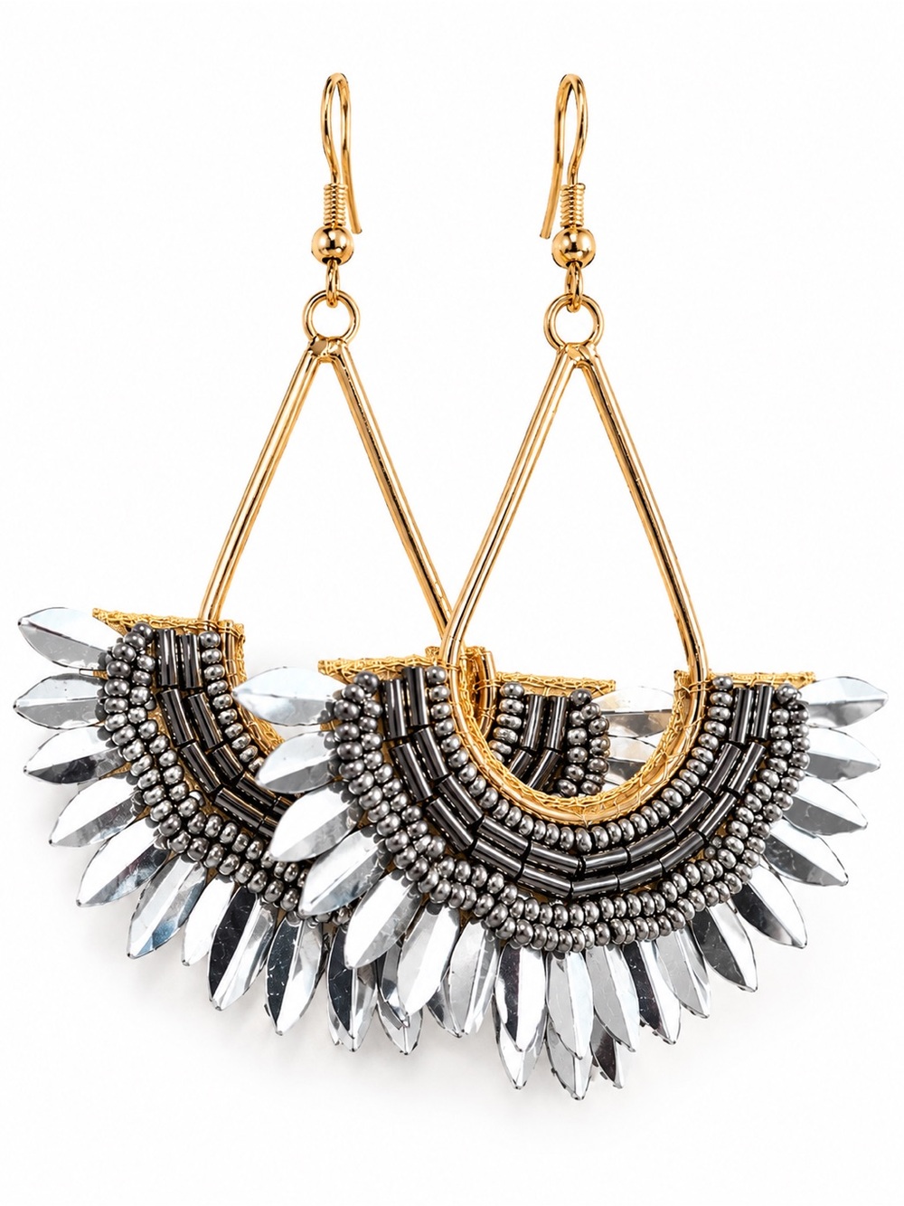 Gold and Silver Beaded Fan Drop Earrings